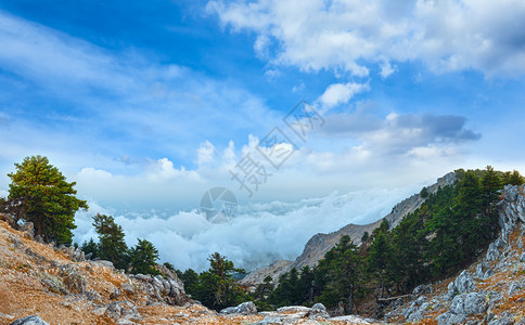 夏季早晨多云的埃诺斯山或艾诺斯顶视图希腊凯法罗尼亚图片