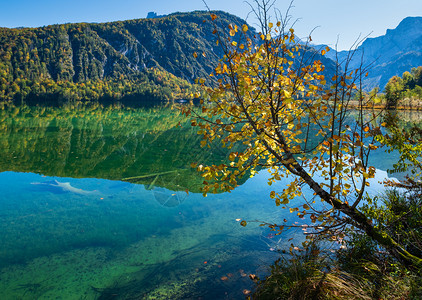 阳光明媚多彩的秋天风景和平的山湖有清晰透明的水和反射图片
