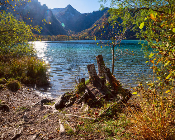 秋天风景阿尔卑斯山湖南德萨尔兹卡默古特上奥地利阳光闪照明弹可用图片
