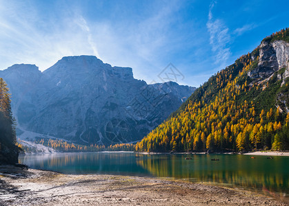 秋天和平的阿尔卑斯山湖布赖或野赛多洛米特斯阿尔卑山意大利欧洲人们不可否认图画旅行季节和自然美貌概念场景图片