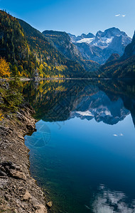 温和的多姿彩秋天风景和平的山湖水反射清晰透明Gosauseen或VordererGosausee湖上奥地利Dachstein峰顶图片