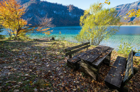 温和的多彩秋天风景和平的秋天阿尔卑斯山脉湖水和反射清晰透明南德湖萨尔兹卡默古特上奥地利图片