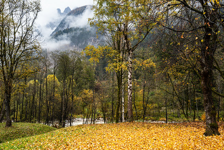 风云和雾的秋天高山景点奥地利LienzerDolomiten阿尔卑斯山和平景象旅行季节自然和农村美貌概念场景图片