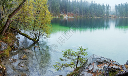 德国乌施兰阿尔卑斯山巴伐利亚阿尔卑斯山高秋天湖Hintersee贝希特斯加登公园德乌茨兰图画旅行季节和自然美容概念场景图片