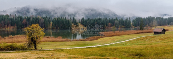 AlpineLakeGeroldee或WagenbruuchseeBavaria德国巴伐利亚秋天雾和细雨的一天图片穿梭季节天气农图片