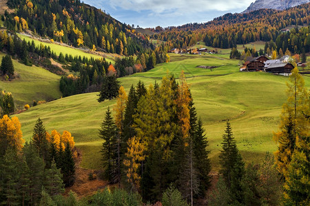 太阳般多彩的秋天高山洛米特岩景意大利苏斯蒂罗尔阿卑斯山过道的和平景色图片穿梭季节自然和农村美貌概念场景图片