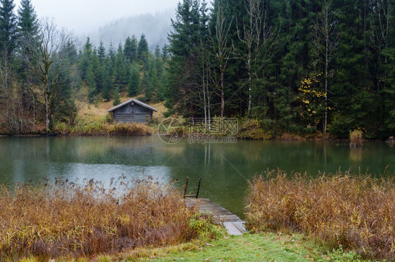 AlpineLakeGeroldee或WagenbruuchseeBavaria德国巴伐利亚秋天雾和细雨的一天图片穿梭季节天气农图片