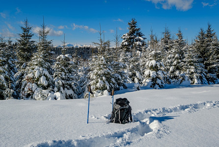 冬季偏远的阿尔卑斯山村郊区林边缘有雪流旅游者背包在一条新鲜的徒步路线上图片