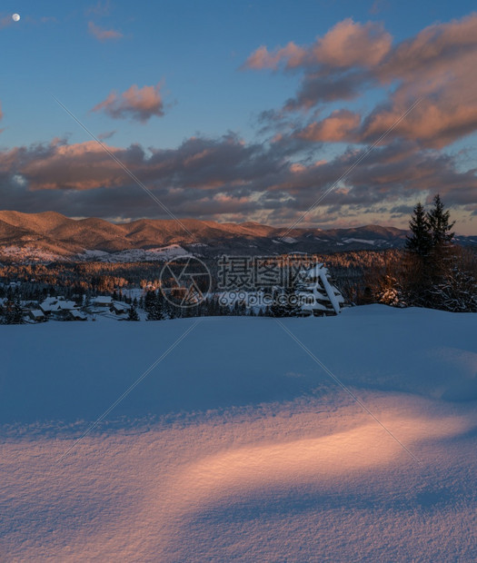 Alpine村郊区昨晚日落阳光明媚冬季雪山和fir树高分辨率缝合图象田野深处图片