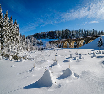 在山雪森林的铁路上建造石桥archbridge雪漂在路边树木和电线上漂浮图片