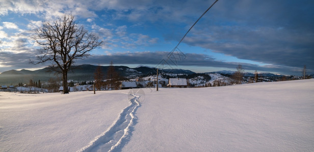小高山村和冬季雪在日出之初的阳光下Voronenko喀尔巴阡山乌克兰图片