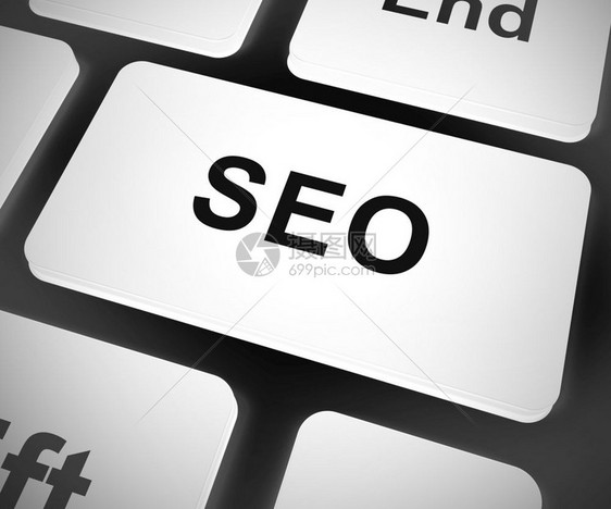 SEO概念图标是指搜索引擎对网站流量的优化在线促销排名和改进售3D插图SEO计算机键显示互联网营销和优化图片