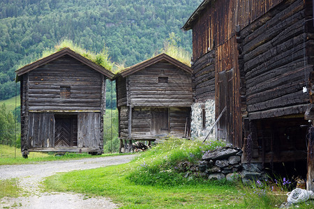 挪威农场的旧木制谷仓图片