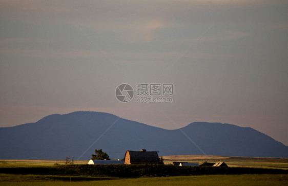 美国蒙大拿州北部日落农场图片