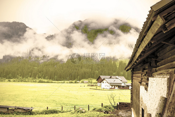 奥地利草原森林田地牧场草原和村庄的覆盖着奥地大草原的晨雾奥地利农村的雨和云层图片