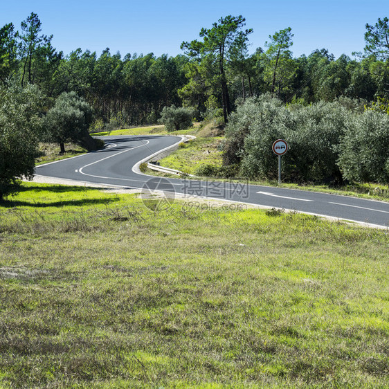 葡萄牙森林覆盖的山丘之间斜坡路禁止交通标志不得越过一条路线图片