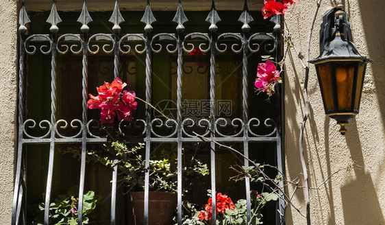 装饰在马耳他有金属板的鲜花窗户图片