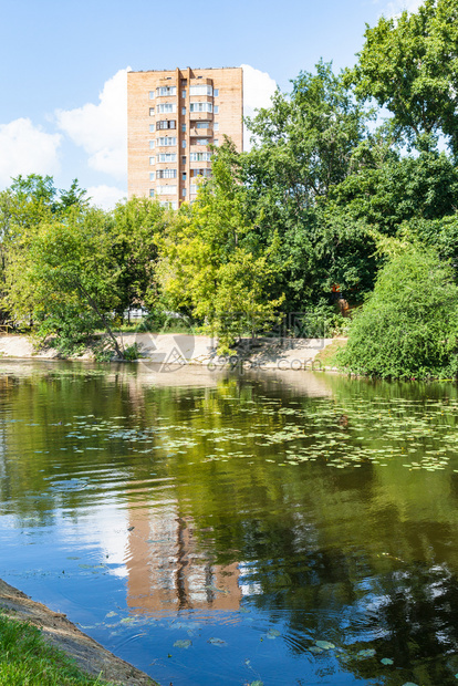 夏日莫斯科市蒂米里亚泽夫斯基公园大花园大学术池塘附近的扎本卡河图片