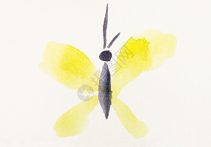 在奶油纸上手工绘画用黑水彩的黄翅膀飞蝴蝶图片