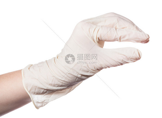 乳胶手套上的雌显示白色背景上隔离的体积很小图片