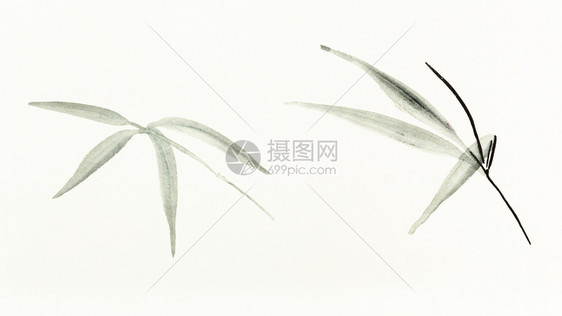 以水彩油漆suibokuga方式用水彩色涂料绘制训练用材suiesuibukuga竹叶是用奶油纸绘制的手图片