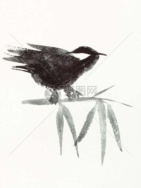 以水彩漆色涂料suiesuibukuga风格的训练教学竹上的麻雀鸟是用奶油纸手工画的图片