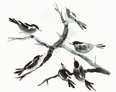 用水彩漆色涂料用Sumiesuibukuga风格的培训绘图树上的鸟是用奶油纸手工画的图片