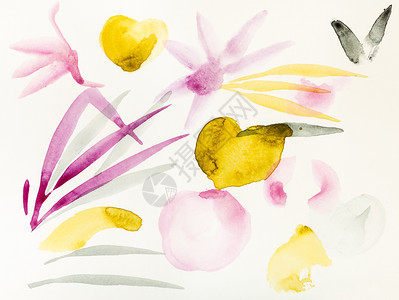 以水彩油漆suiesuibukuga方式用水彩色涂料进行培训鲜花和叶子的草图用手画在奶油纸上图片