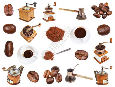 咖啡大豆地面粉磨咖啡机白底孤立的杯中饮料图片