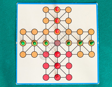 绿色烤肉桌上跨接线机棋盘游戏的顶部视图1697年法国首次提到比格接线机游戏图片