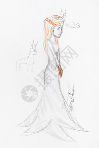 用白纸上的黑铅笔亲手绘制的动物童话公主肖像草图图片
