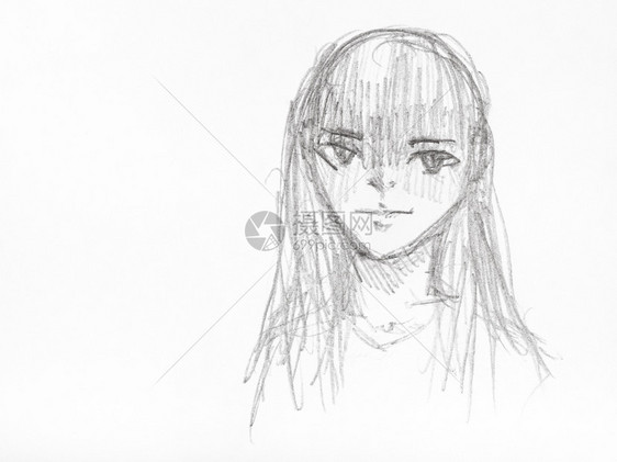 白纸上黑铅笔亲手画的长直头发女孩素描图片