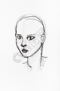用黑铅笔和白纸墨手工绘制的秃头女部草图图片