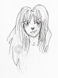 用黑铅笔和白纸墨手工绘制长发的持怀疑态度年轻女子肖像图片