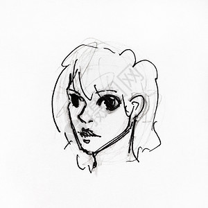 用黑铅笔和白纸墨亲手画出大眼睛的年轻女子肖像图片