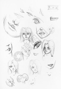 用白纸上的黑铅笔手工绘制女脸部草图图片