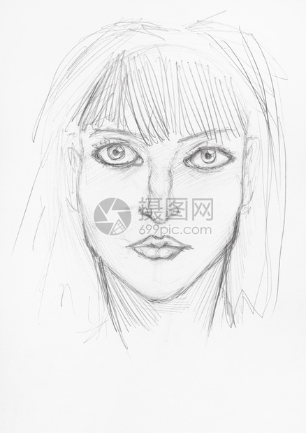 白纸上黑铅笔亲手绘制的面容严肃女孩头部草图图片