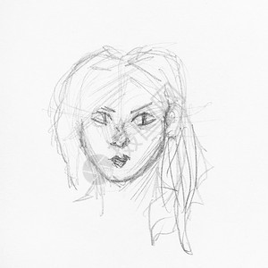 用白纸上的黑铅笔手工绘制的圆脸和彩毛发的女孩头部草图图片