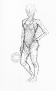 用白纸上的黑铅笔手工绘制的泳衣女肖像草图图片
