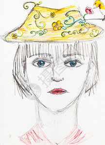 白纸上彩色铅笔手工绘制的黄帽子上蓝眼睛女孩肖像图片