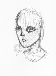 用白纸上的黑铅笔亲手绘制的大眼睛女孩头部草图图片