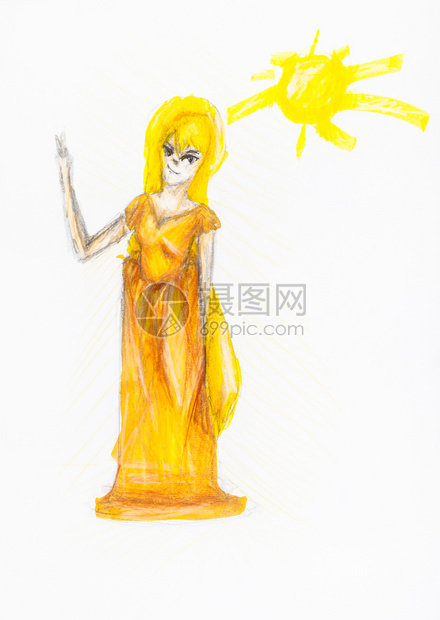 白纸上彩色铅笔手工绘画的长黄色裙女仙图片