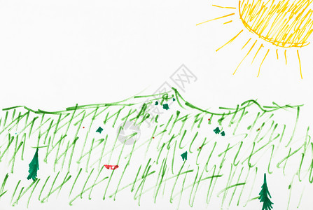 黄色太阳下草原上的绿由白纸上的有感觉笔手工拖图片
