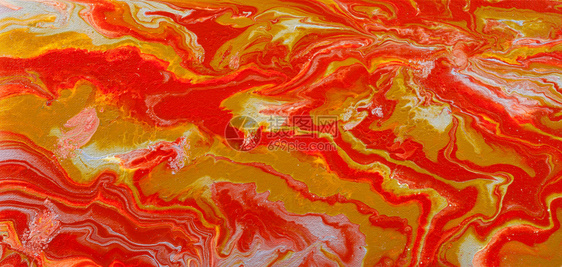 画布上红色灰和黄涂料手工在液态丙烯水流绘画技术中图片