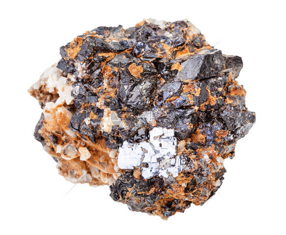 地质采集中自然矿物样本的封存加莱纳和石英岩上的Sphalerite晶体这些被隔在白色背景的石英岩上加莱纳和英岩上的Sphaler图片