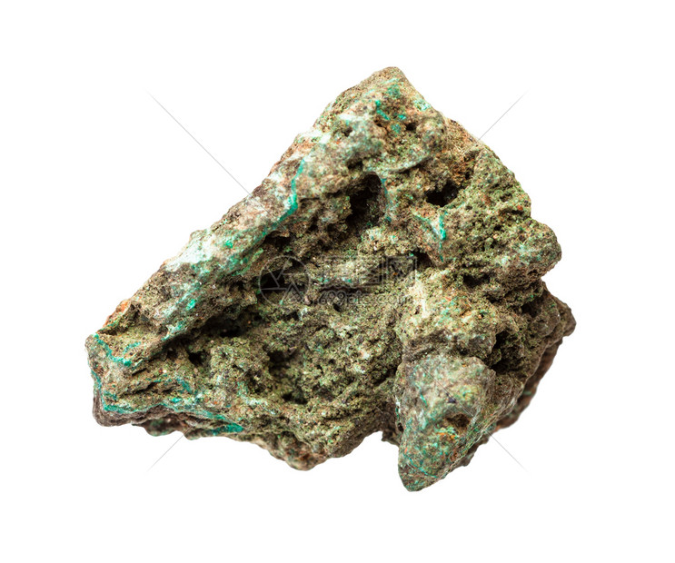 地质采集的天然矿物样本封存白色背景中分离的粗铜矿石马拉岩