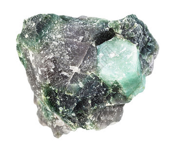 地质采集的天然矿物样本封存白色背景孤立的未冲积岩石中蓝色贝里尔Aquamarine晶体图片
