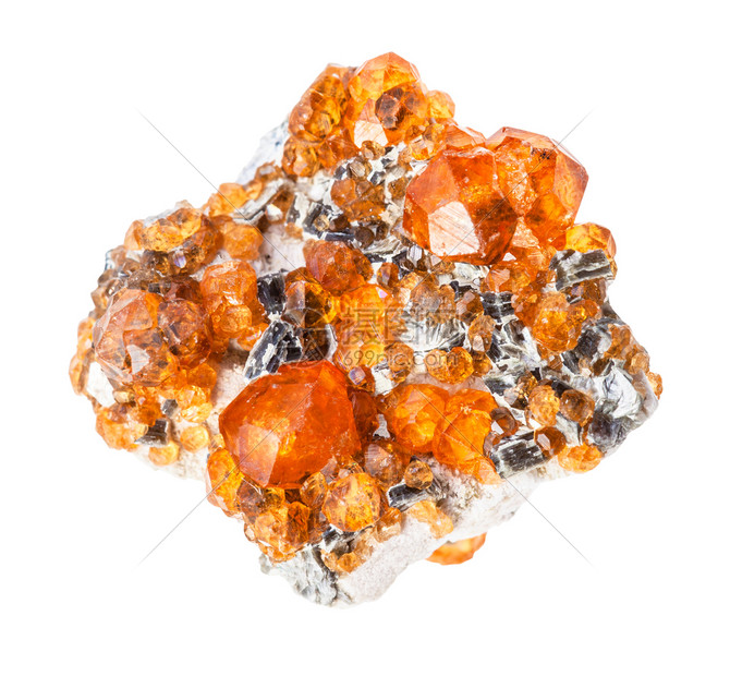 地质采集的天然矿物样本封存白底孤立岩石上的原Spesartinegarnet晶体图片