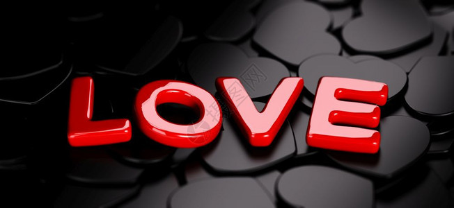 为了黑色红心上的爱文字决定背景3D转换为情人节卡片水平图像Vlentin背景红色的天图片