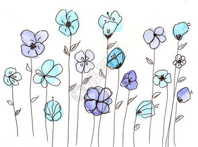 水彩蓝花植物群绘画手工制作的图片